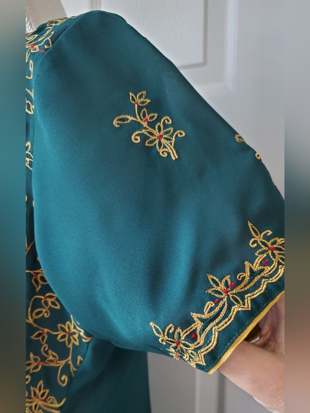 Sheer Emerald Green Floral Embroidered Kimono Top Short Sleeve Open Front Boho - Picture 6 of 6